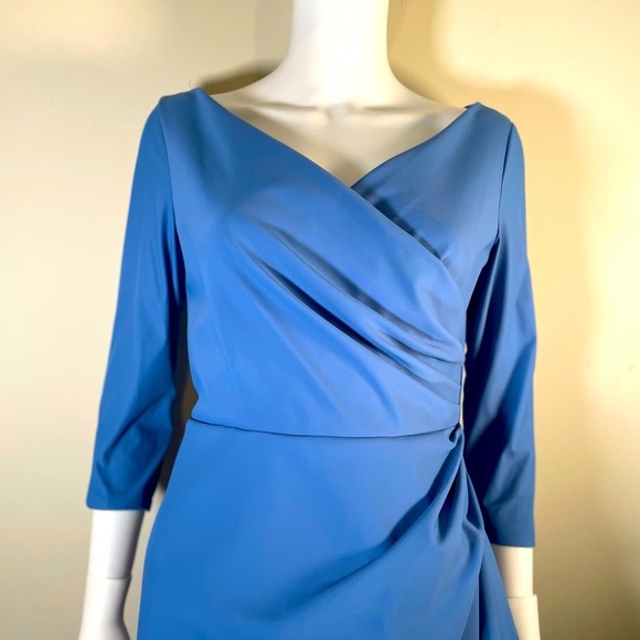 Alex Evenings V-Neck 3/4 Sleeve Compression Ruched Faux Wrap Sheath Dress Blue - Picture 3 of 13